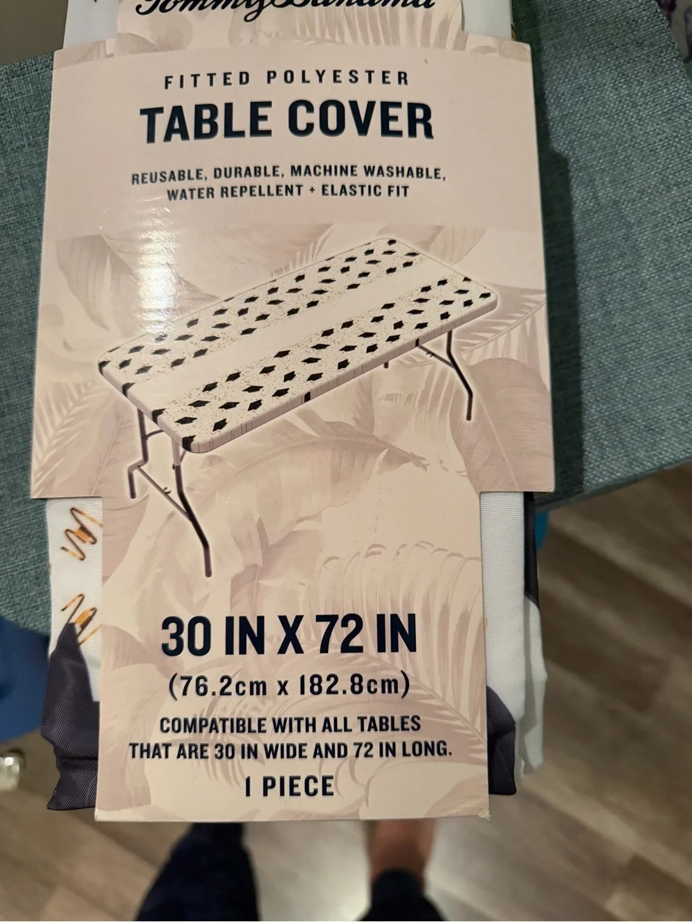 Tommy Bahama White Table Cover with Navy & Tan Print